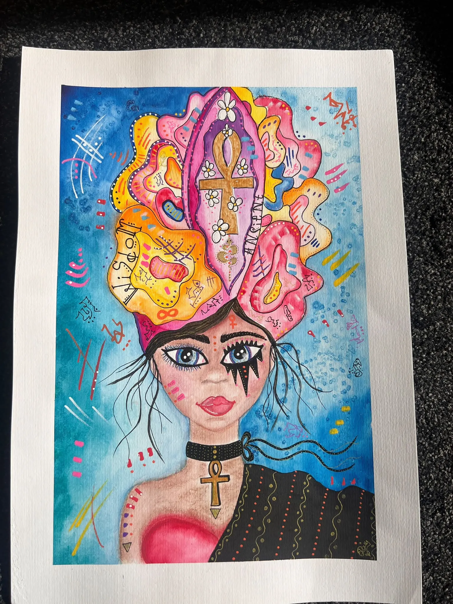 Watercolour portrait with an ankh headdress