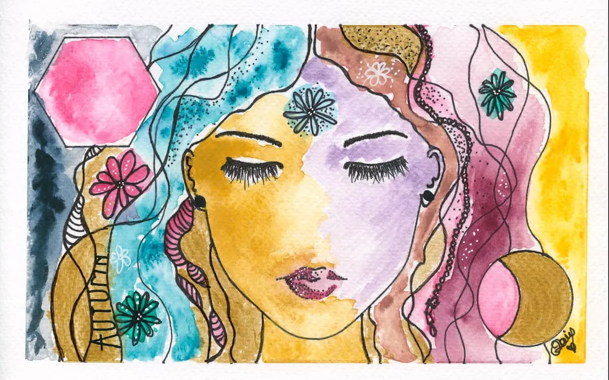 Autumn watercolour portrait with gold moon