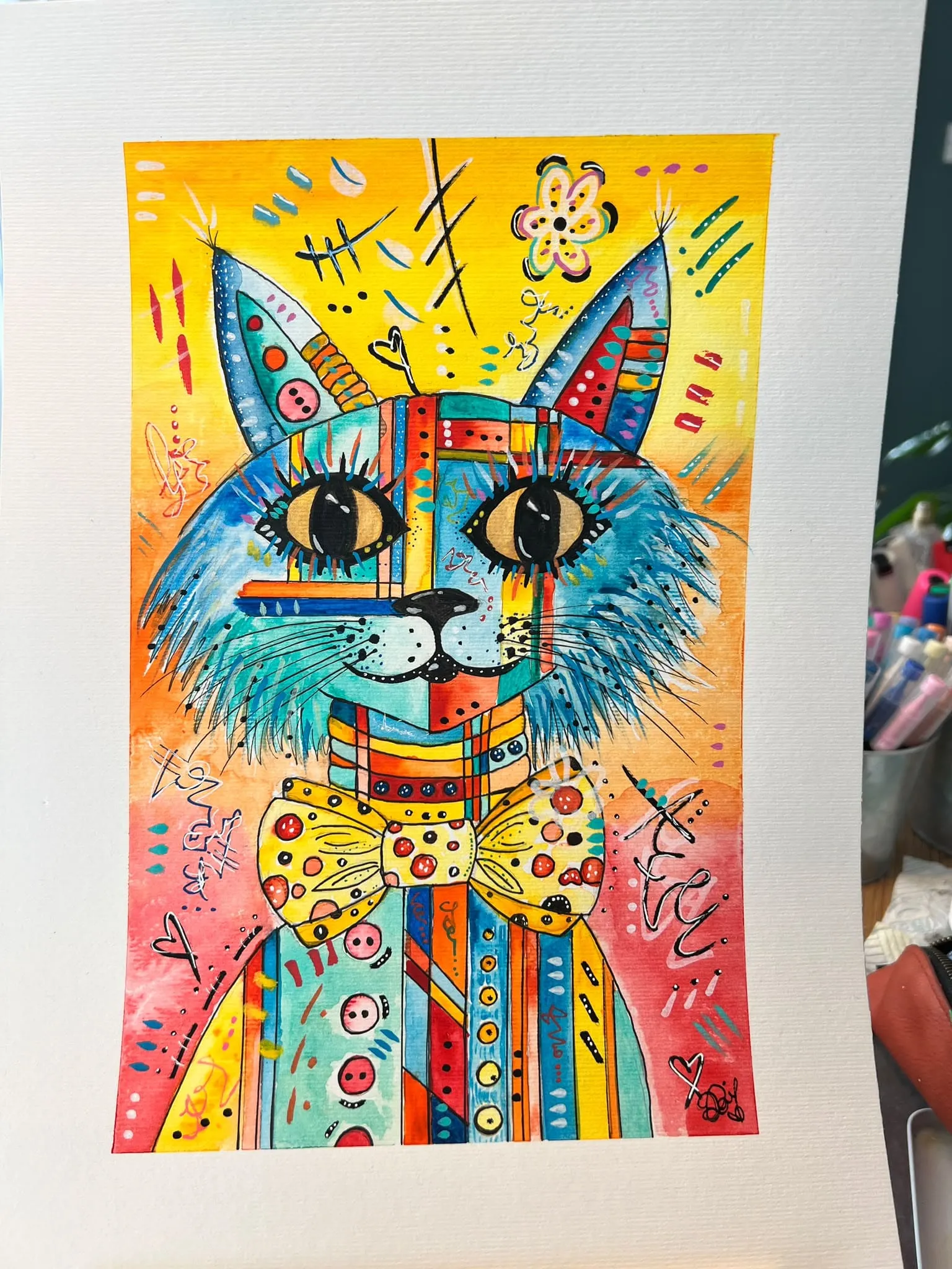 Bright watercolour cat in a bow tie