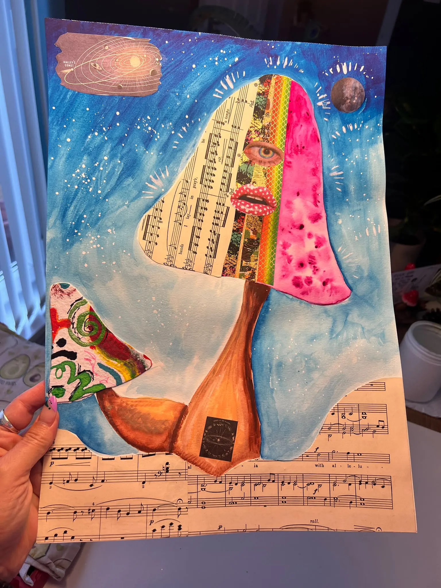 Collage with sheet music held up in the studio