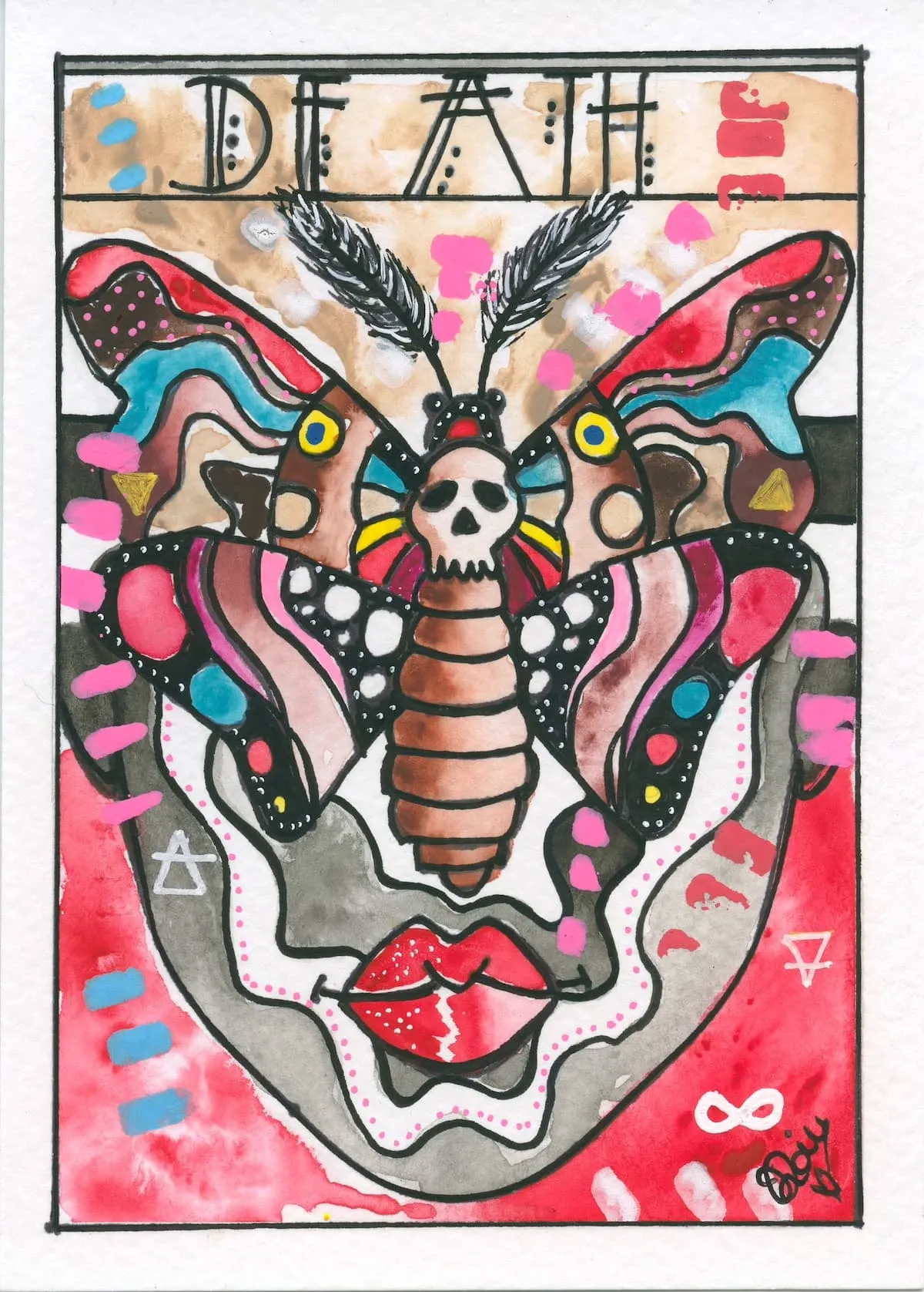 A hand painted Death tarot card with a skull moth