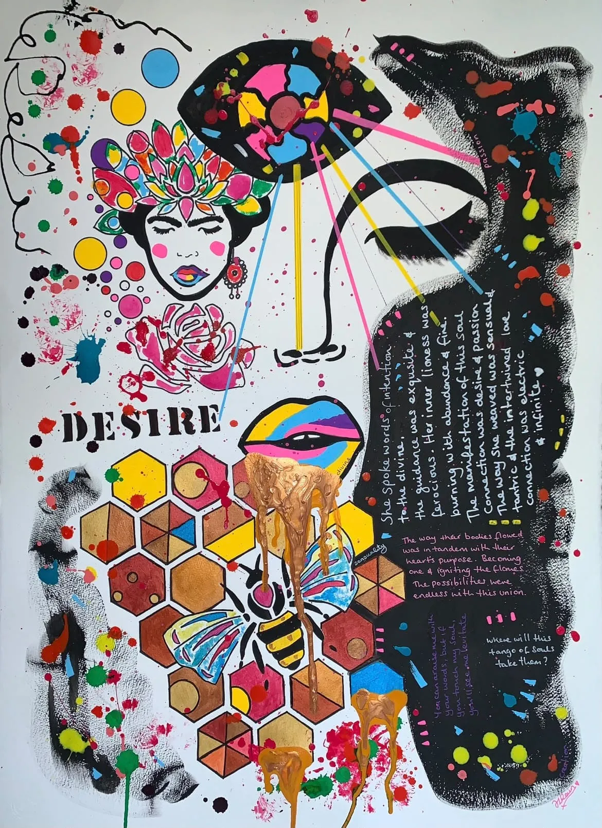Mixed media collage titled Desire with honeycomb and a bee