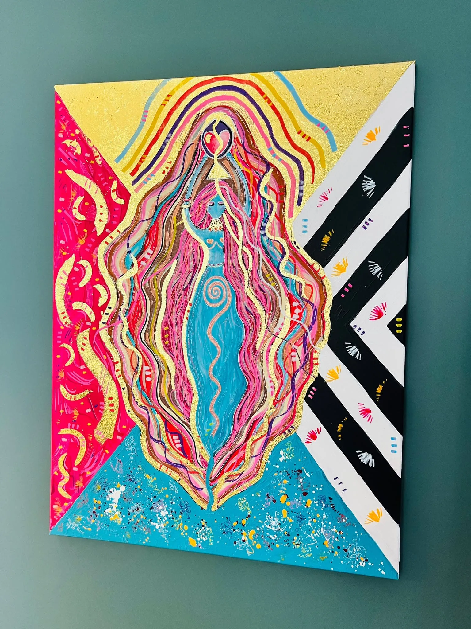 Abstract goddess painting in pink, turquoise and gold