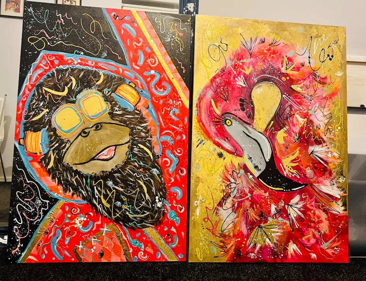 Gorilla and flamingo canvases, original commissioned-style paintings