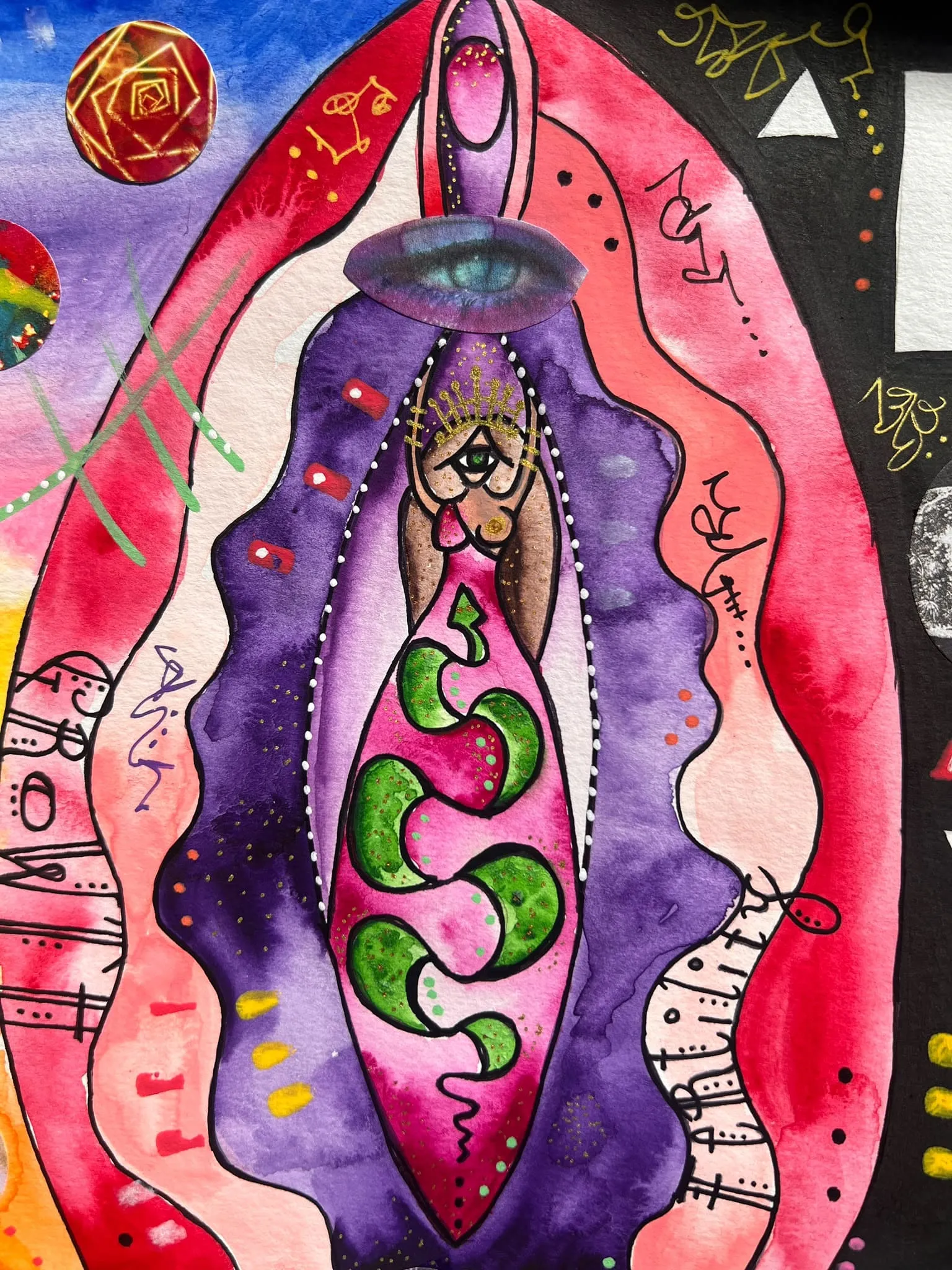 Purple and magenta goddess watercolour with a green serpent