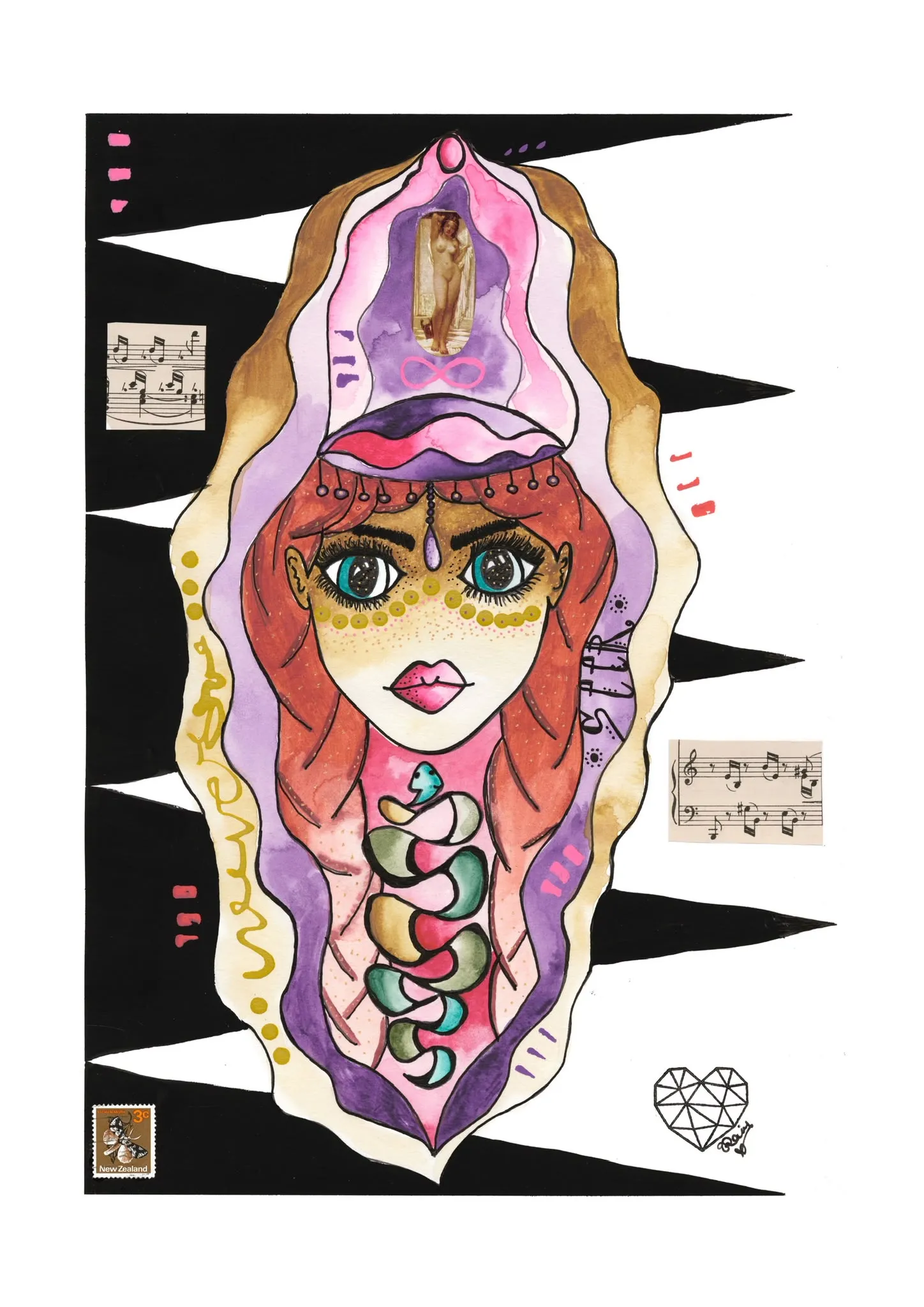 Red-haired goddess with a serpent in a purple and gold frame