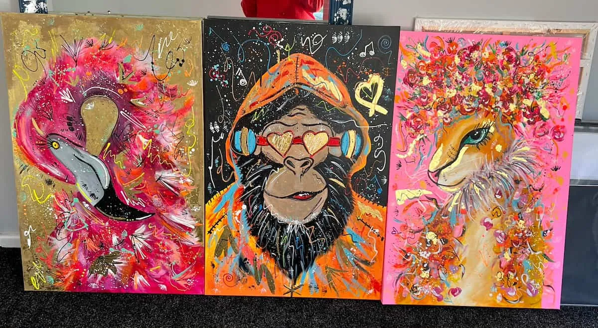 Flamingo, monkey and llama canvases side by side