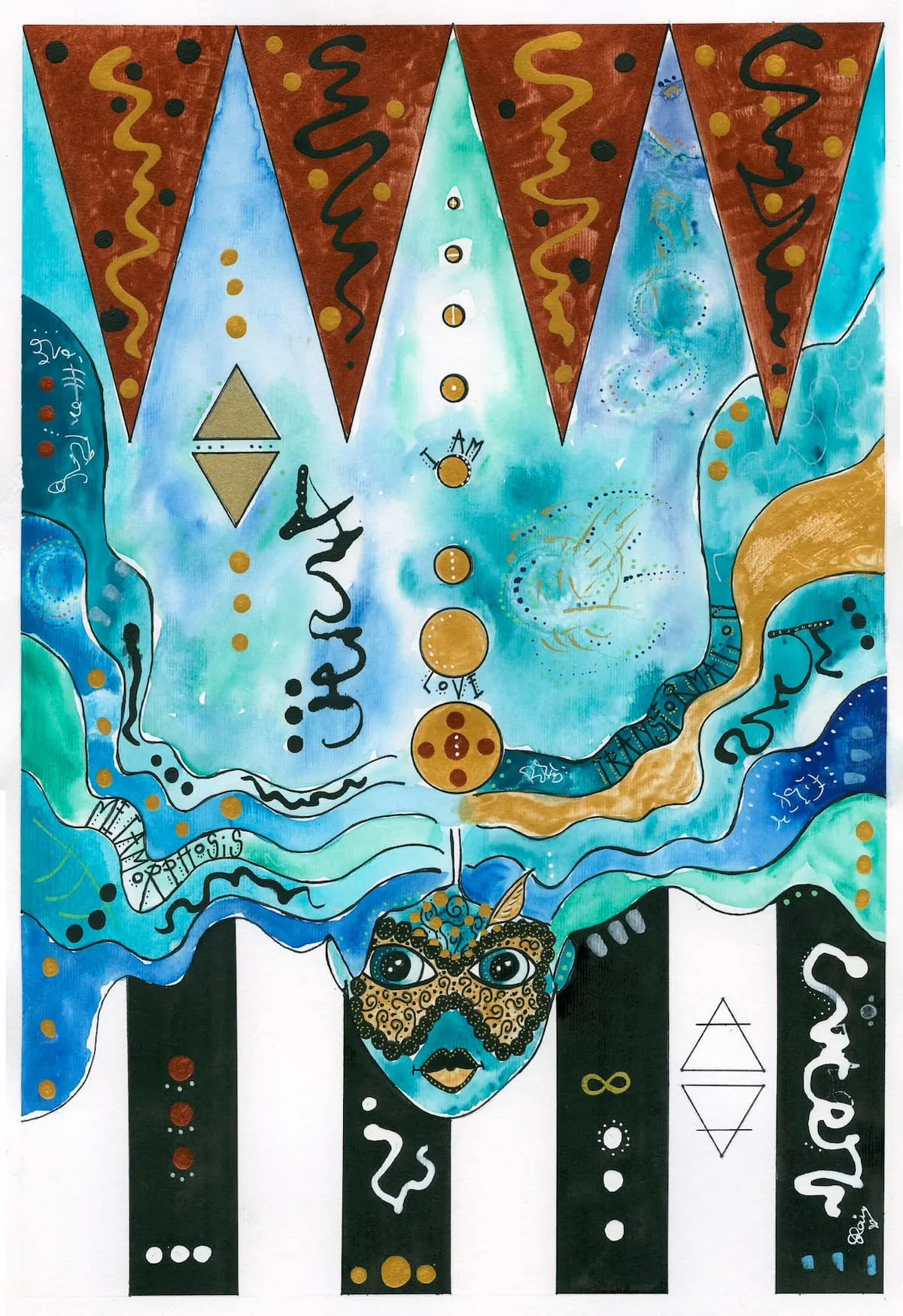 Turquoise and gold watercolour of a masked face